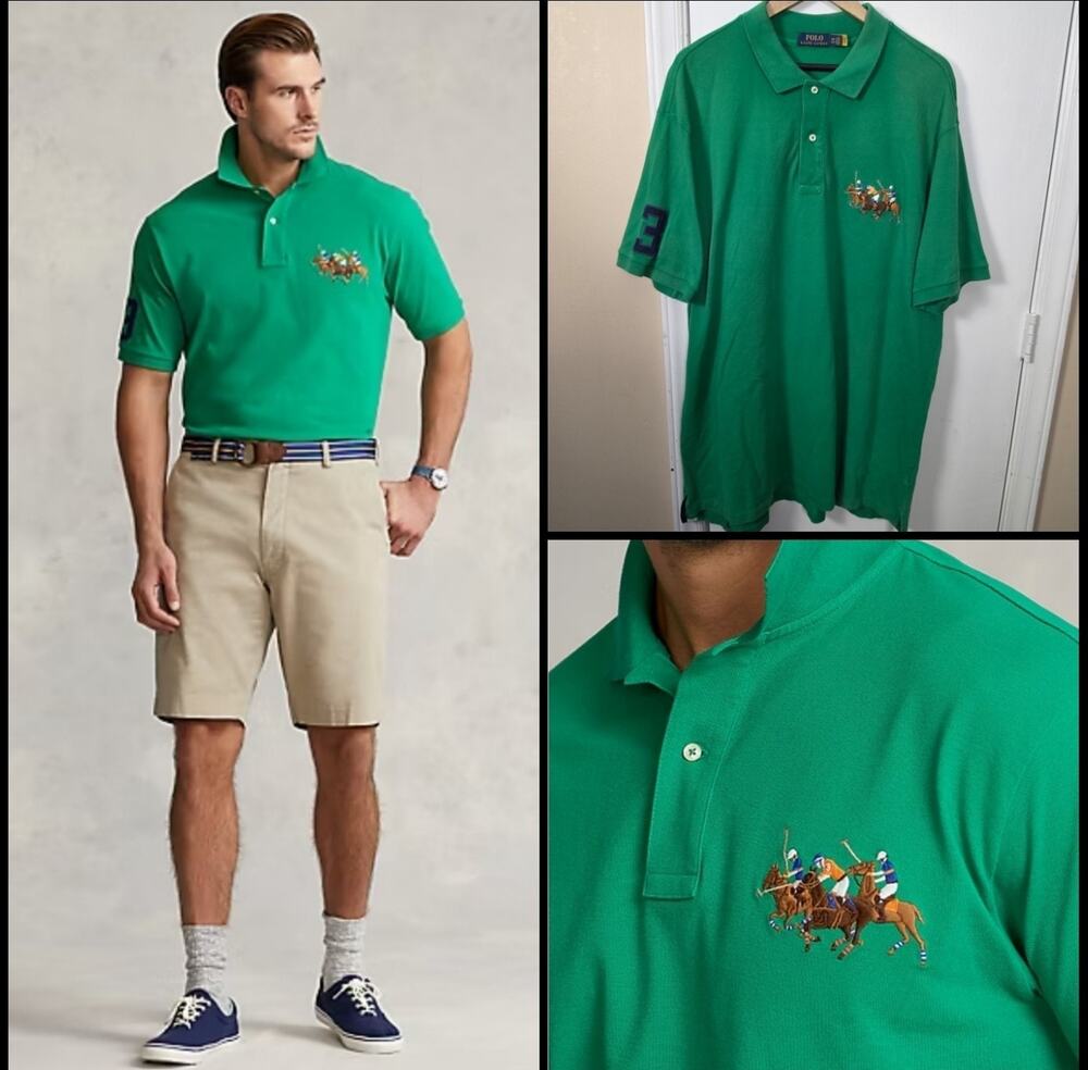 Men's Ralph Lauren Triple Pony Cotton Polo Sz 2X Big & Tall Preppy Green Logo